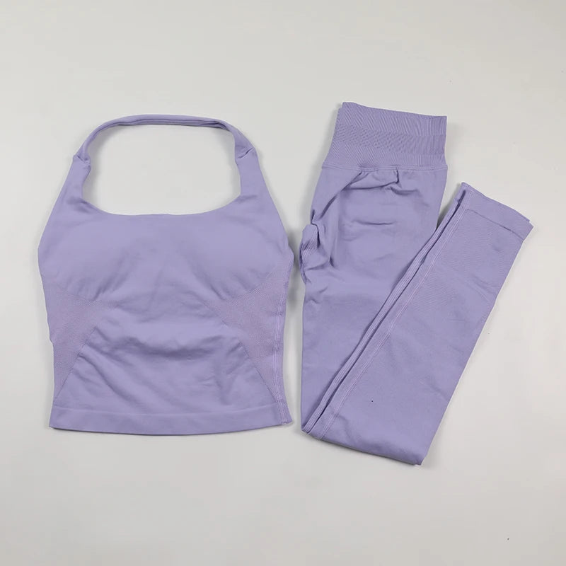 Women's Halter Neck Backless Yoga Set Seamless 2-Piece Outfit Ribbed High-Waist Scrunch Shorts Butt Lifting Gym Pilates Fitness
