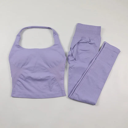 Women's Halter Neck Backless Yoga Set Seamless 2-Piece Outfit Ribbed High-Waist Scrunch Shorts Butt Lifting Gym Pilates Fitness