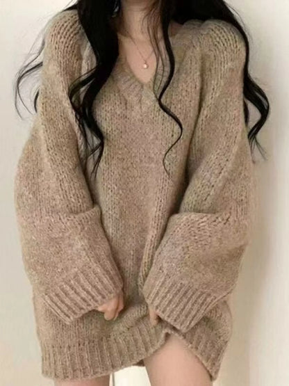 plus Size Lazy Style V-Neck Soft Cozy Knitted Sweater Women's Autumn Winter Loose Small Figure Top Retro Style Loose Fit Knit...