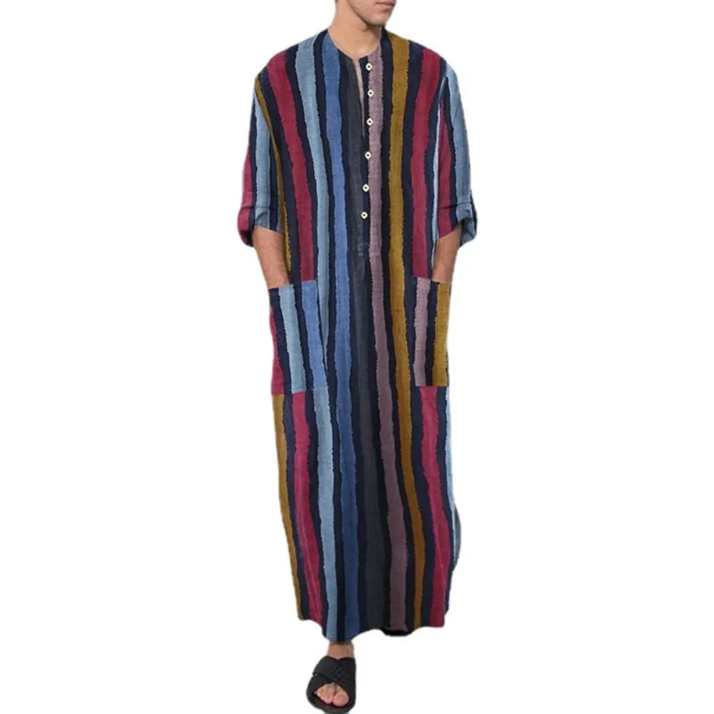 Men's Striped Print Arabic Thobe - Long Sleeve One Piece Islamic Robe,Middle Eastern Traditional Muslim Wear with Ethnic Pattern