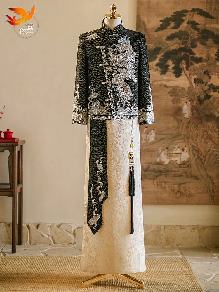 Elegant Long Sleeve Dragon And Phoenix Embroidery Wedding Dress for Men Traditional Chinese Style Stand Collar New Couple Clo...