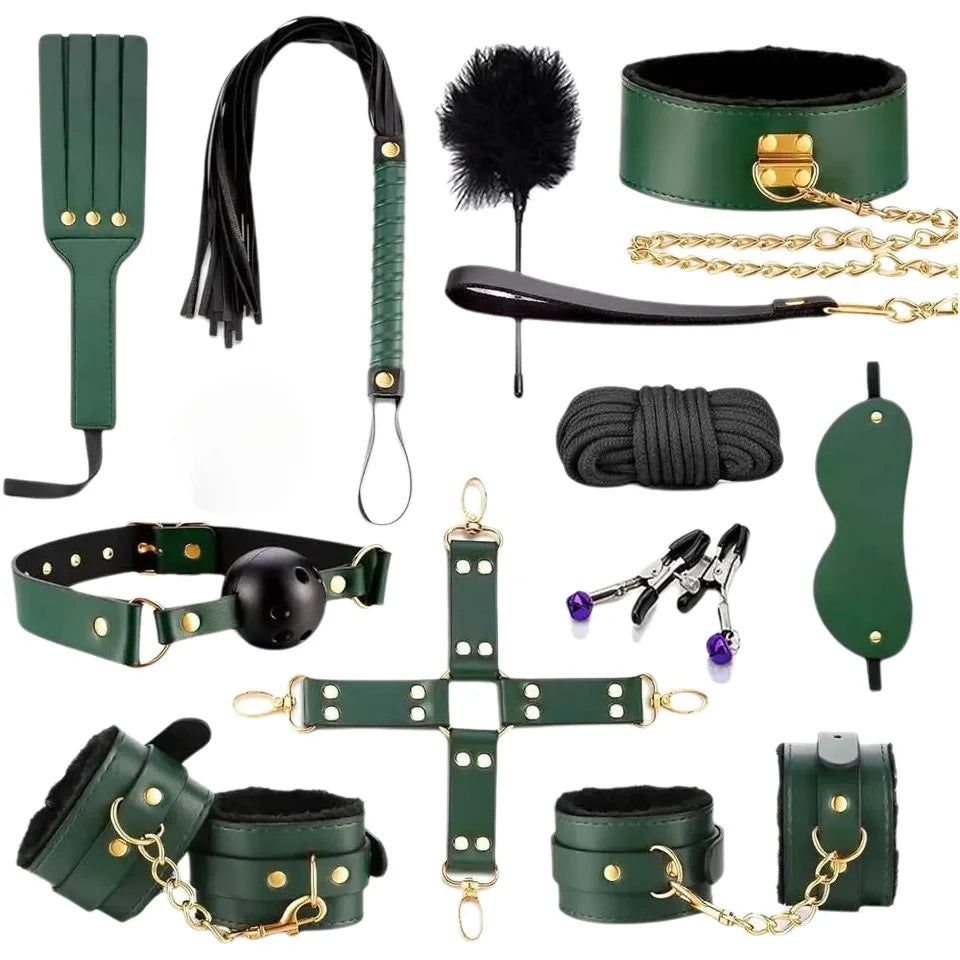 High Quality BDSM Genuine Leather Bondage Set Fetish Handcuffs Collar Gag Whip Erotic Sex Toys For Women Couples Adult Games