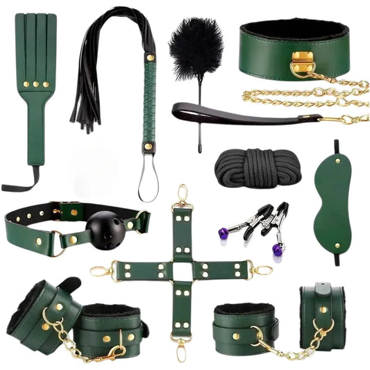 High Quality BDSM Genuine Leather Bondage Set Fetish Handcuffs Collar Gag Whip Erotic Sex Toys For Women Couples Adult Games