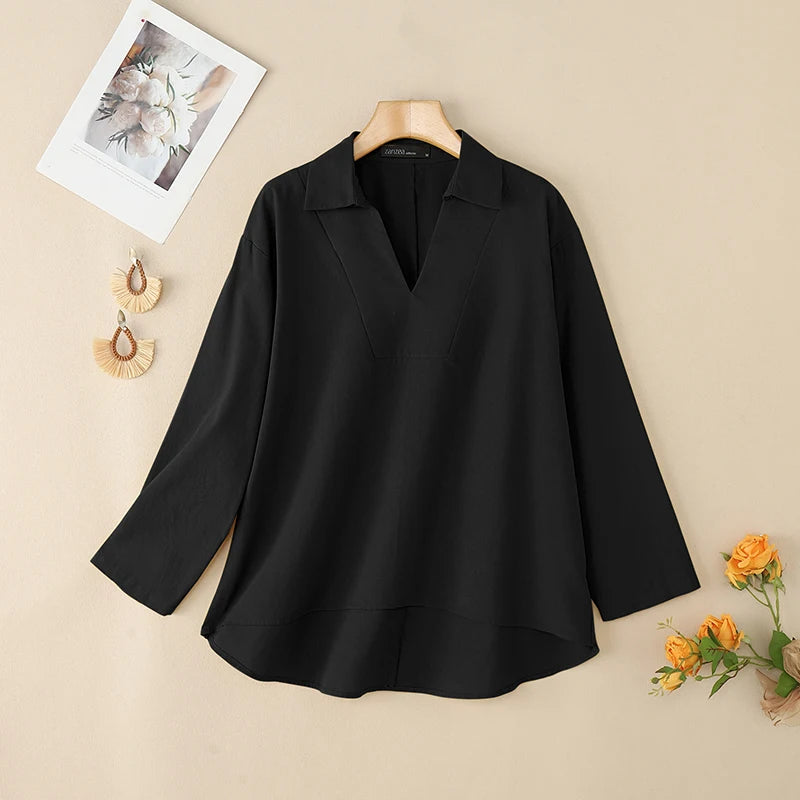 ZANZEA 2025 Autumn Women High-Low Blouses Loose V-Neck Long Sleeve Cotton Linen Fashion Blusas Mujer Everyday Casual Solid Tops