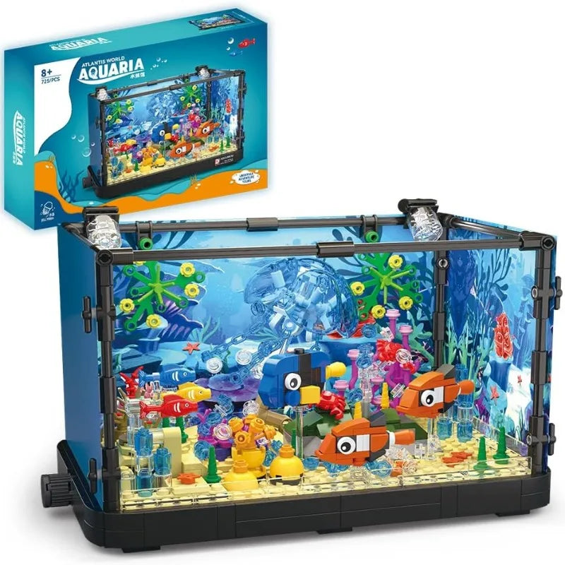 MOC Ocean Fish Tank Aquarium Building Block Set with Turtle - DIY Toy Brick for Kids Creative Playset Home Decor Birthday Gift