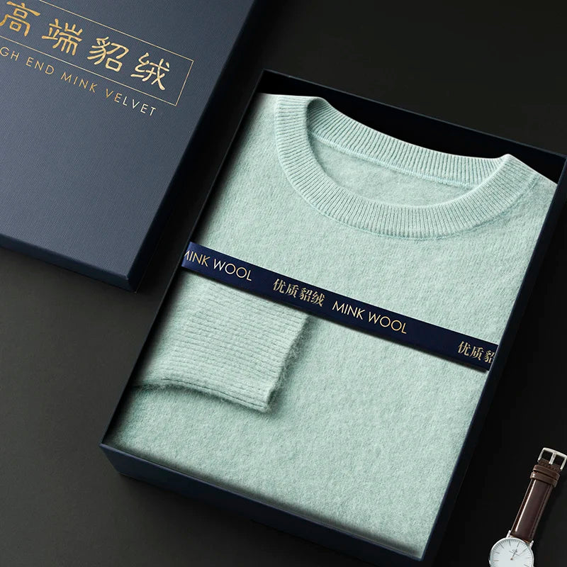100% Pure Mink Cashmere Men's Round Neck Sweater For Autumn Winter, Casual Knitted Long Sleeved Pullover Sweater Men's Clothng