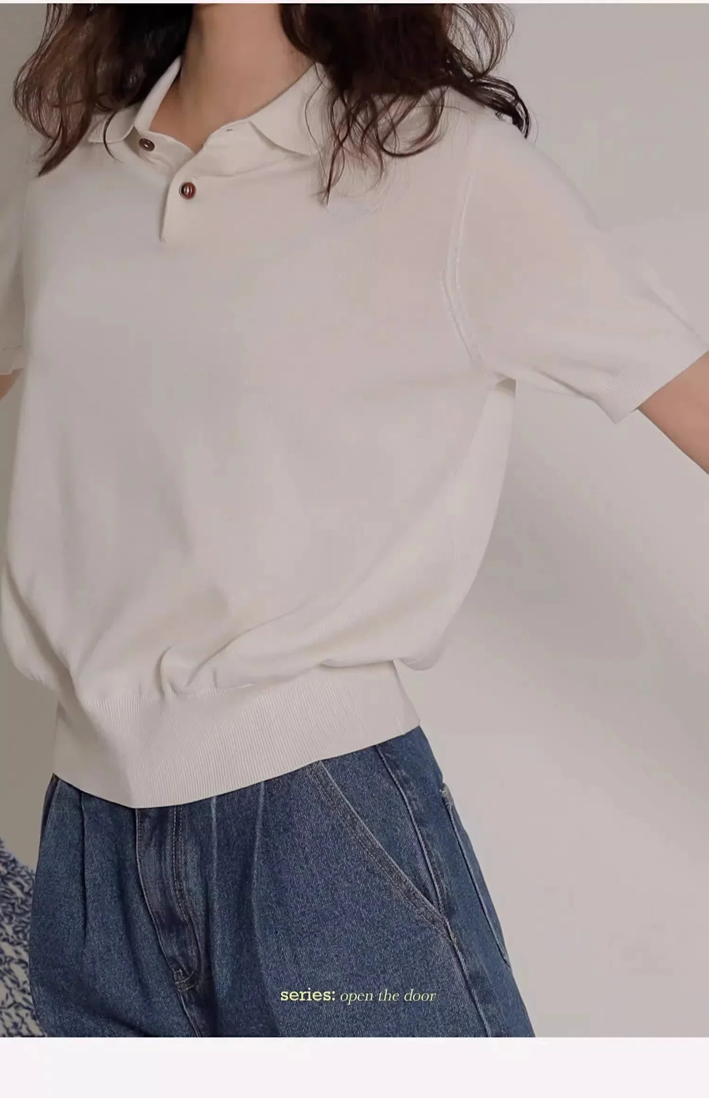 Women's Blue Ice Silk Knitted Polo Shirt Short Sleeve French Lapel Top Thin Summer High-Grade Shoulder T-Shirt