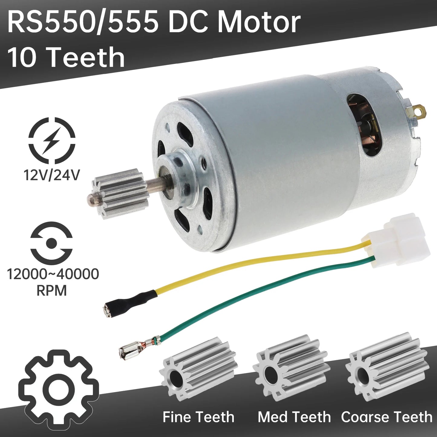 RS550/555 Fine /Medium /Coarse 10 Teeth 12V/24V DC Motor Kids Ride On Toys Car Motor Speed Electric Motor for Remote Control Car