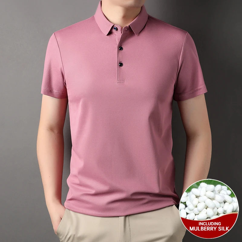 Top Grade 4.7% Mulberry Silk New Summer Brand Luxury Brand Polo Men Shirt Short Sleeve Plain Casual Tops Fashions Men Clothes