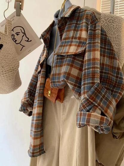 Retro Color Block Thickened Plaid Shirt Women's Loose Mid-Length Woolen Coat Spring Autumn Seasonal Korean Style Commute Wind