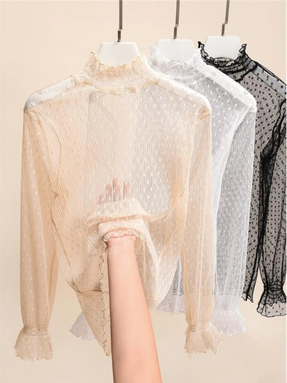 Elegant High Collar Lace Base Shirt Women's Long Sleeve Autumn Winter Fashion Inner Wear Polka Dot Mesh Top Straight Cut Holl...