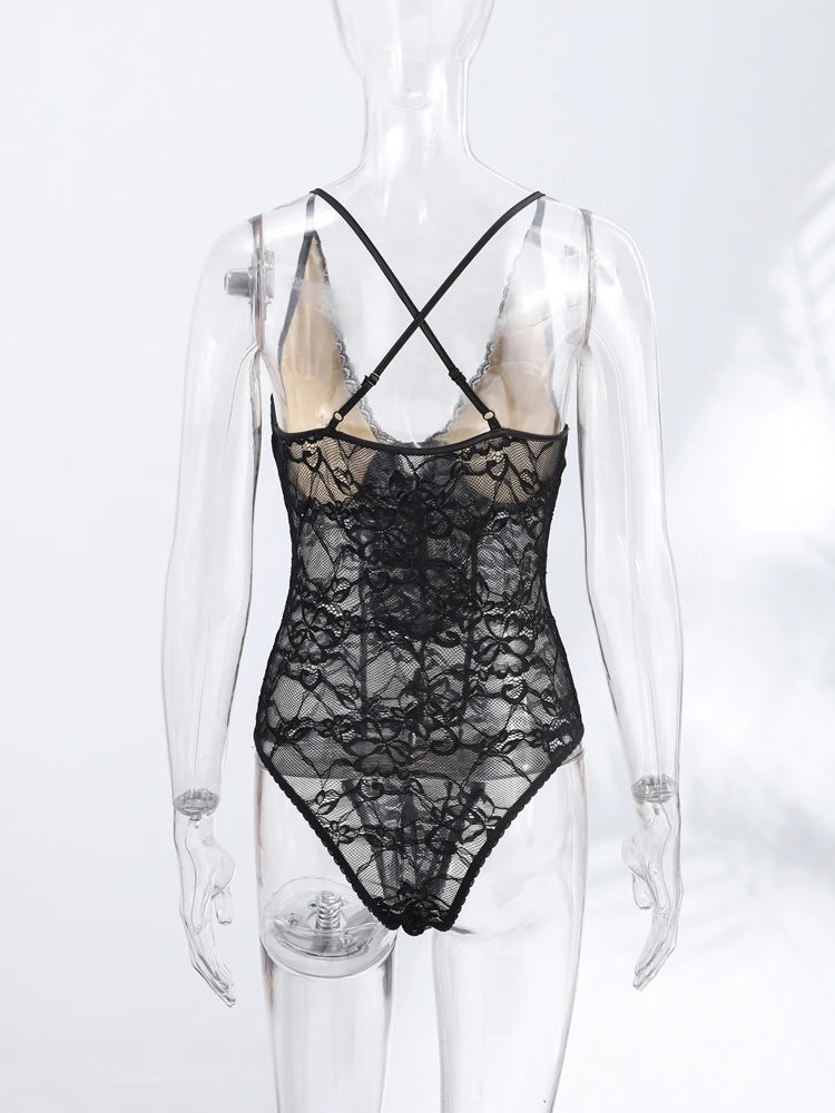 Sexy Women's Bodysuit Halter Lace Deep V-neck Sleeveless   Slim Female Bodysuits 2026 Summer New Fashion Party Chic Lady Top