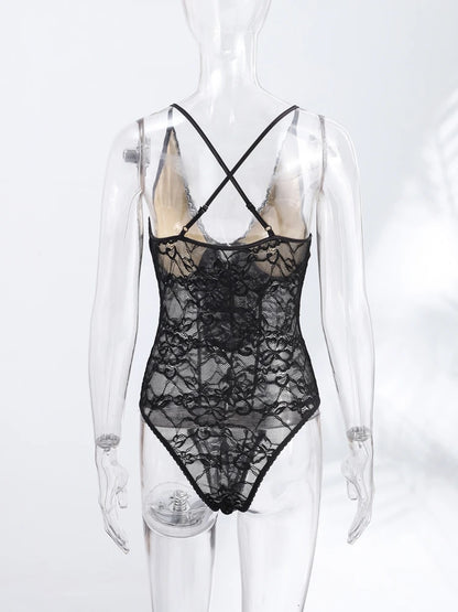 Sexy Women's Bodysuit Halter Lace Deep V-neck Sleeveless   Slim Female Bodysuits 2026 Summer New Fashion Party Chic Lady Top