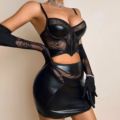 2026 Spicy Girl PU Leather Splicing Lace Body Shaping Fishbone Top Can be Wearing Externally, Slimming Half Skirt with Gloves