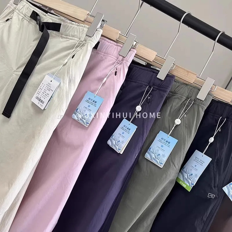 Lightweight Breathable Quick-Dry Paratrooper Pants Women's Casual Loose Fit Sunscreen Waist Cord Trousers Korean Style High W...