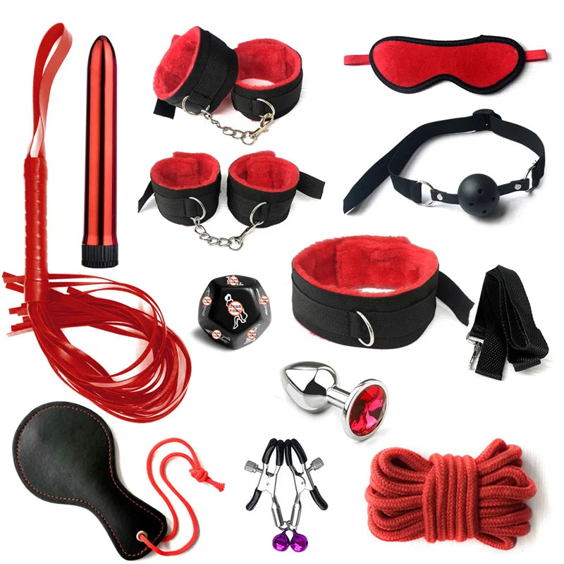 Sex Bondage Set Plush Sex Toy BDSM Kits for Women Couples Adult Games Adjustable Handcuffs Ankle Whip Gag Nipple Clamps Toys