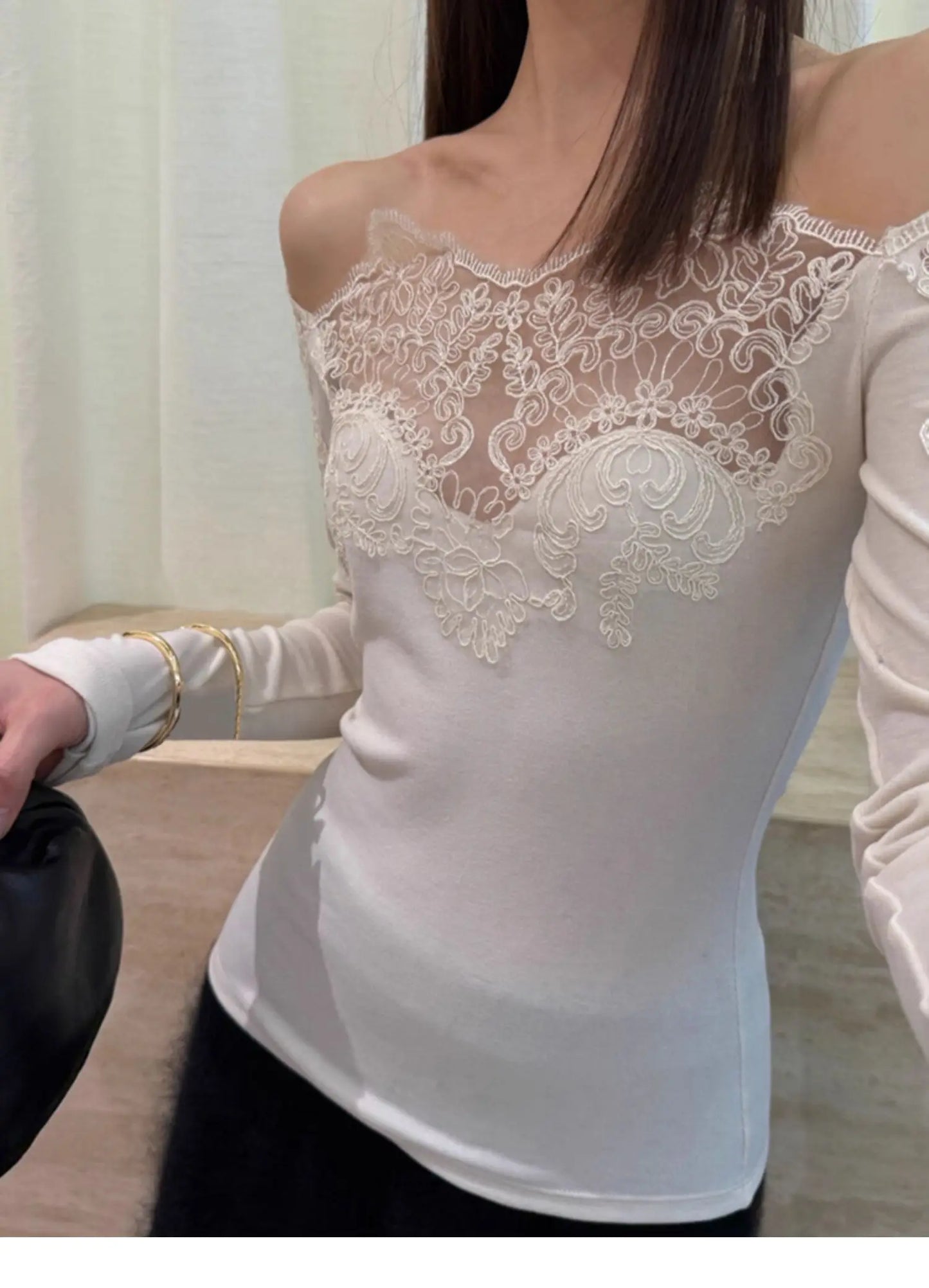 French Style Lace Trim Shoulder Bridesmaid Long Sleeve Slim Fit Base Shirt Women's Autumn Winter Fashionable Shoulder Bared Top