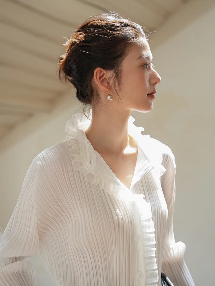 Pleated Women's Solid Shirt High Stretch Standing Lapel Single Breasted Cardigan 2025 Autumn New Long Sleeve Mullet Lace Shirt