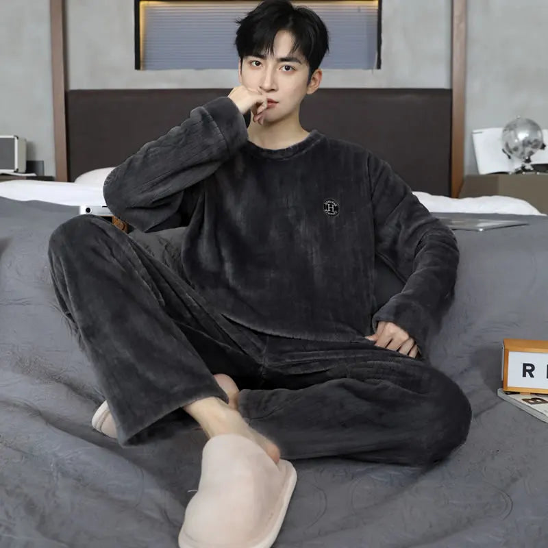 Thickened Flannel Sleepwear for Men Winter Coral Fleece Home Clothes Set Spring Autumn Winter Style Casual Loose Fit Long Sleeve