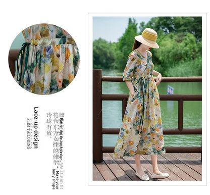Women's Long Skirt Drawstring Waist Hemp Print A-Line Dress Korean Style Commute Flower Pattern V-Neck Summer Dress