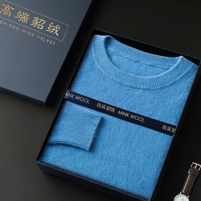 100% Pure Mink Cashmere Men's Round Neck Sweater For Autumn Winter, Casual Knitted Long Sleeved Pullover Sweater Men's Clothng