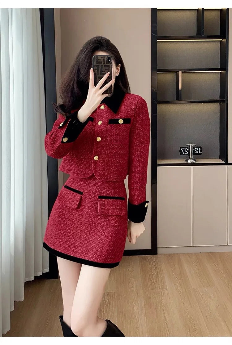 High-End  Style Women's Outerwear Set Autumn Winter New Design High Waist  Skirt Two-Piece Suit Fashionable And Warm