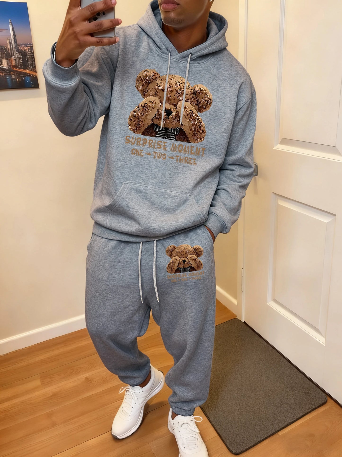 Surprise Moment Teddy Bear Print Soft Hoodie Set Man Sport Pocket Tracksuit All-Match Casual Sweatpants Autumn Fleece Long Pant