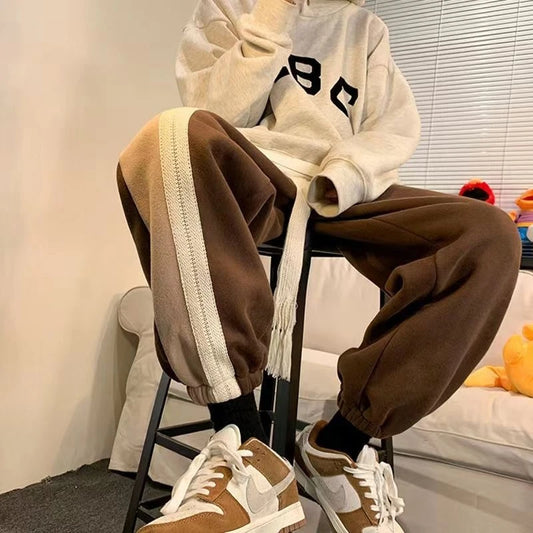 Men's Brown Tapered Leg Joggers Spring Casual Pants Hong Kong Retro American Style with Drawstring Japanese Vintage Look