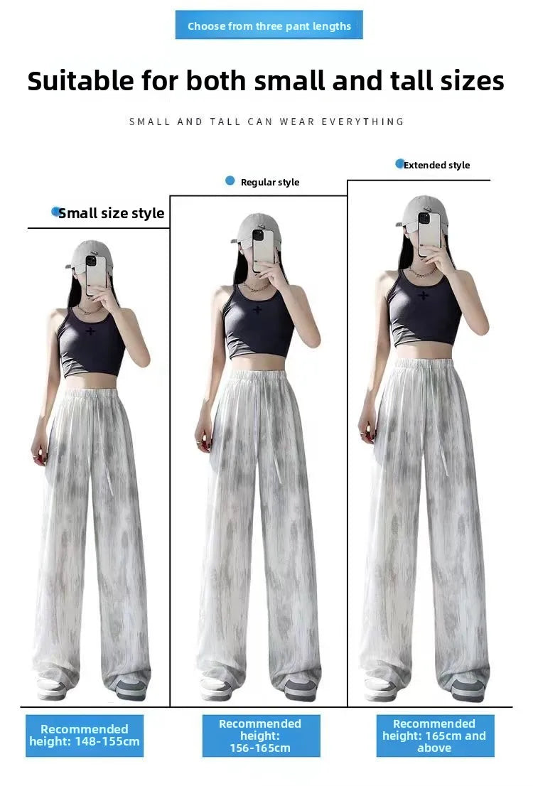 Summer Thin Ice Silk Satin Dyed Wide Leg Pants Women Loose Casual Drape High Waist Slimming Pants Ins Straight Leg Elastic Wa...