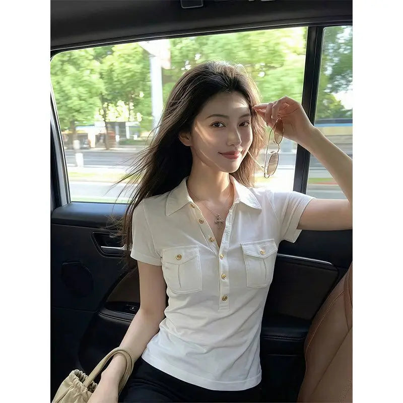 American Retro White  Collar Short Sleeve T-Shirt Women Summer Slimming Waist Short Style Spicy Girl Top Cotton Blend