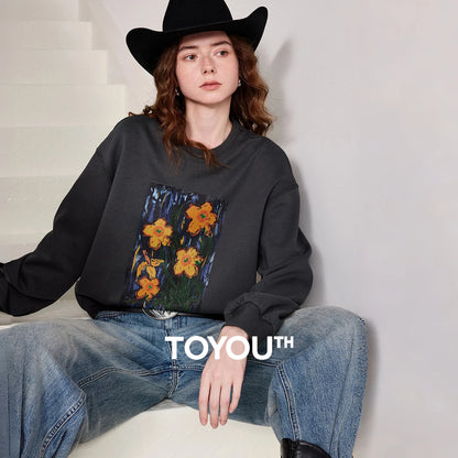 TOYOUTH Women Crew Neck Loose Sweatshirt 2026 Spring New Oil Painting Print Minimalist Chic Casual Top