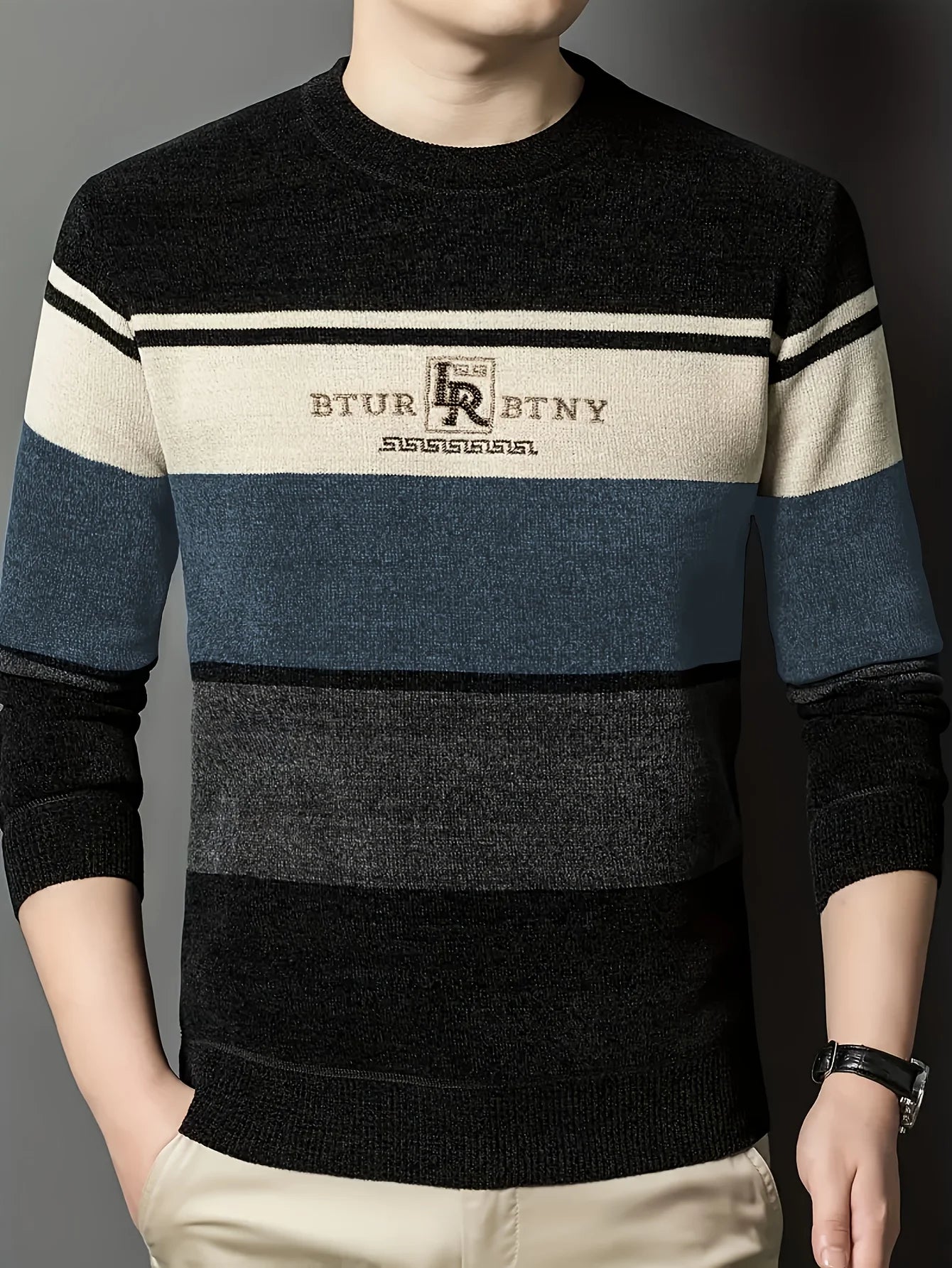 LVLAEA Autumn Winter Trendy Knitted Pullover, Men's Striped Letter Embroidery Long Sleeve Round Neck, Old Money Style Casual Top