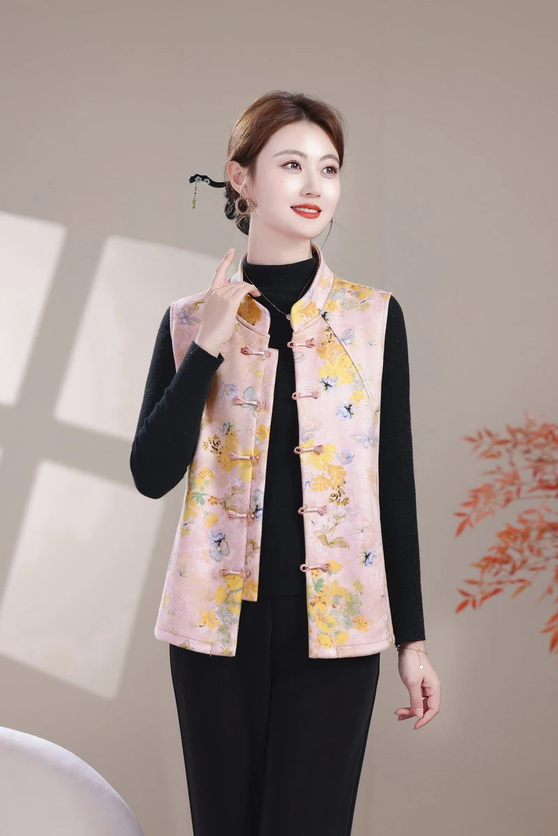 Plus Size Mother's Vest Spring Asian style print Top Elderly Women's Casual Sleeveless Jacket  Waistcoat