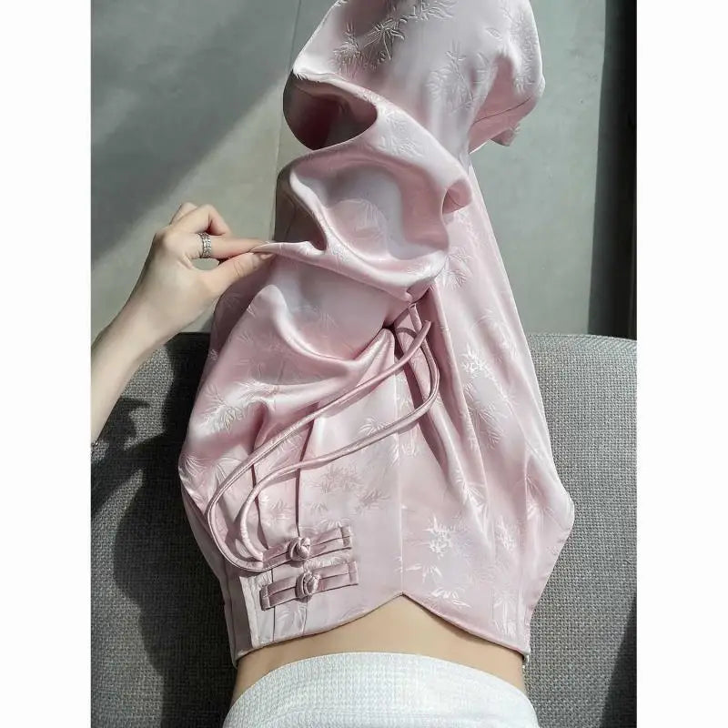 High Waist Loose Straight Pants with Button Knot Pocket New Chinese Style Satin Wide Leg Pants Spring Summer Trousers Pink Black