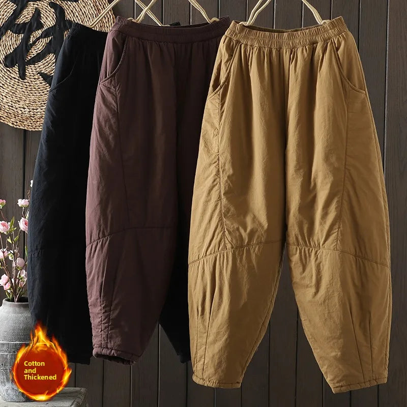 Women's Thickened Cotton Pants High Density Retro Autumn Winter Harem Pants Elastic Waist Warm Cotton Filled Casual Trousers