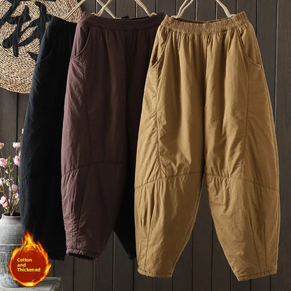 Women's Thickened Cotton Pants High Density Retro Autumn Winter Harem Pants Elastic Waist Warm Cotton Filled Casual Trousers