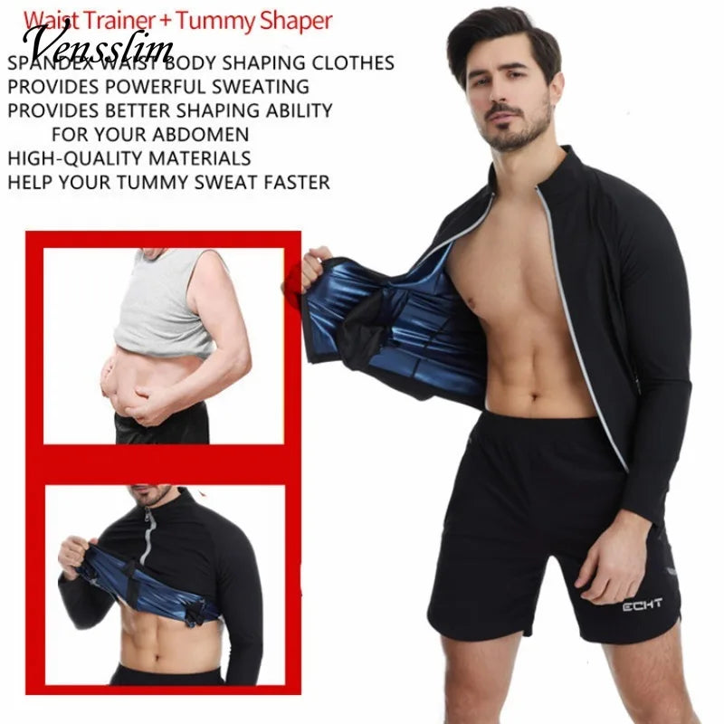 Vensslim Men Sauna Sweat Suit Zipper Waist Trainer Slimming Tops with Packet Fat Burner Body Shaper Belly Trimmer Slim Corset