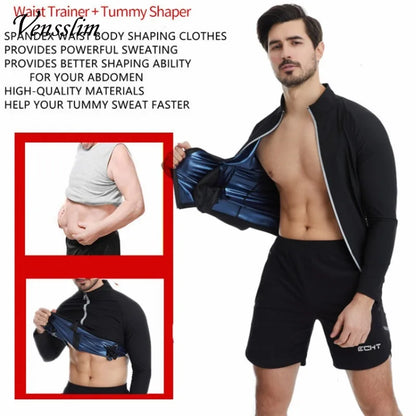 Vensslim Men Sauna Sweat Suit Zipper Waist Trainer Slimming Tops with Packet Fat Burner Body Shaper Belly Trimmer Slim Corset