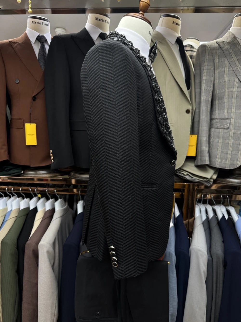 Gorgeous Sparkly Beaded Men's Suit Set 3 Pieces Banquet Party Wear,Black Jacquard Slim Fit Suits For Men Wedding Groom Sets