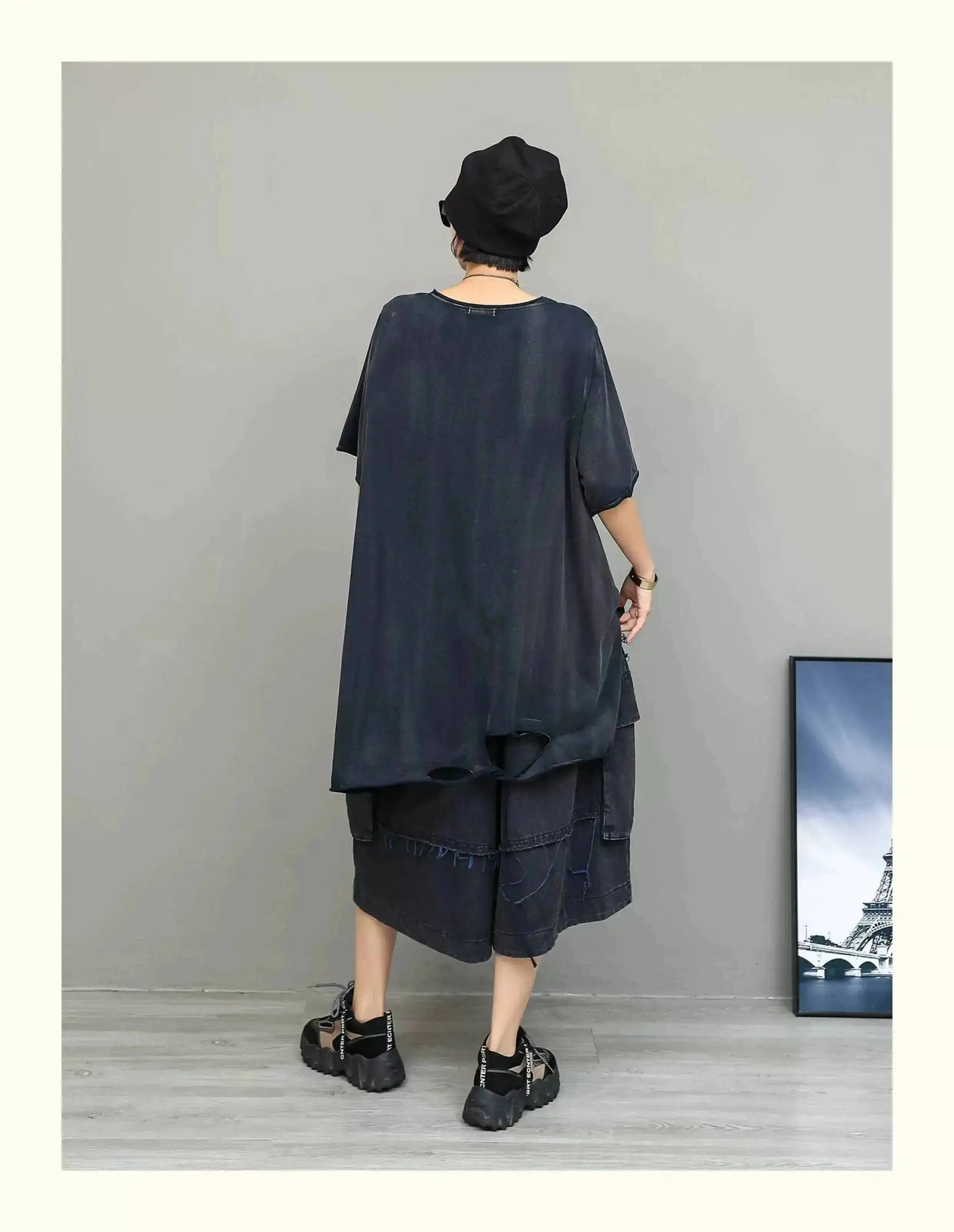 Trendy Cool Fashion Top Women Distressed Asymmetrical Mid-length T-shirt Loose LX5861