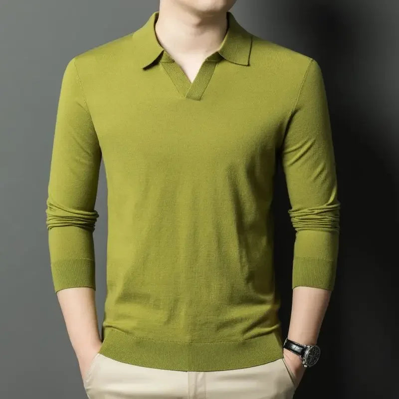 Men's Autumn & Winter Blouse Collar Knitted Pullover, Business Casual Slim-Fitting Wool Textile Sweater, Gentleman Polo Shirt