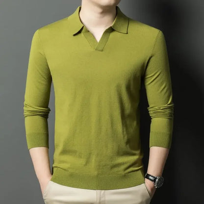 Men's Autumn & Winter Blouse Collar Knitted Pullover, Business Casual Slim-Fitting Wool Textile Sweater, Gentleman Polo Shirt