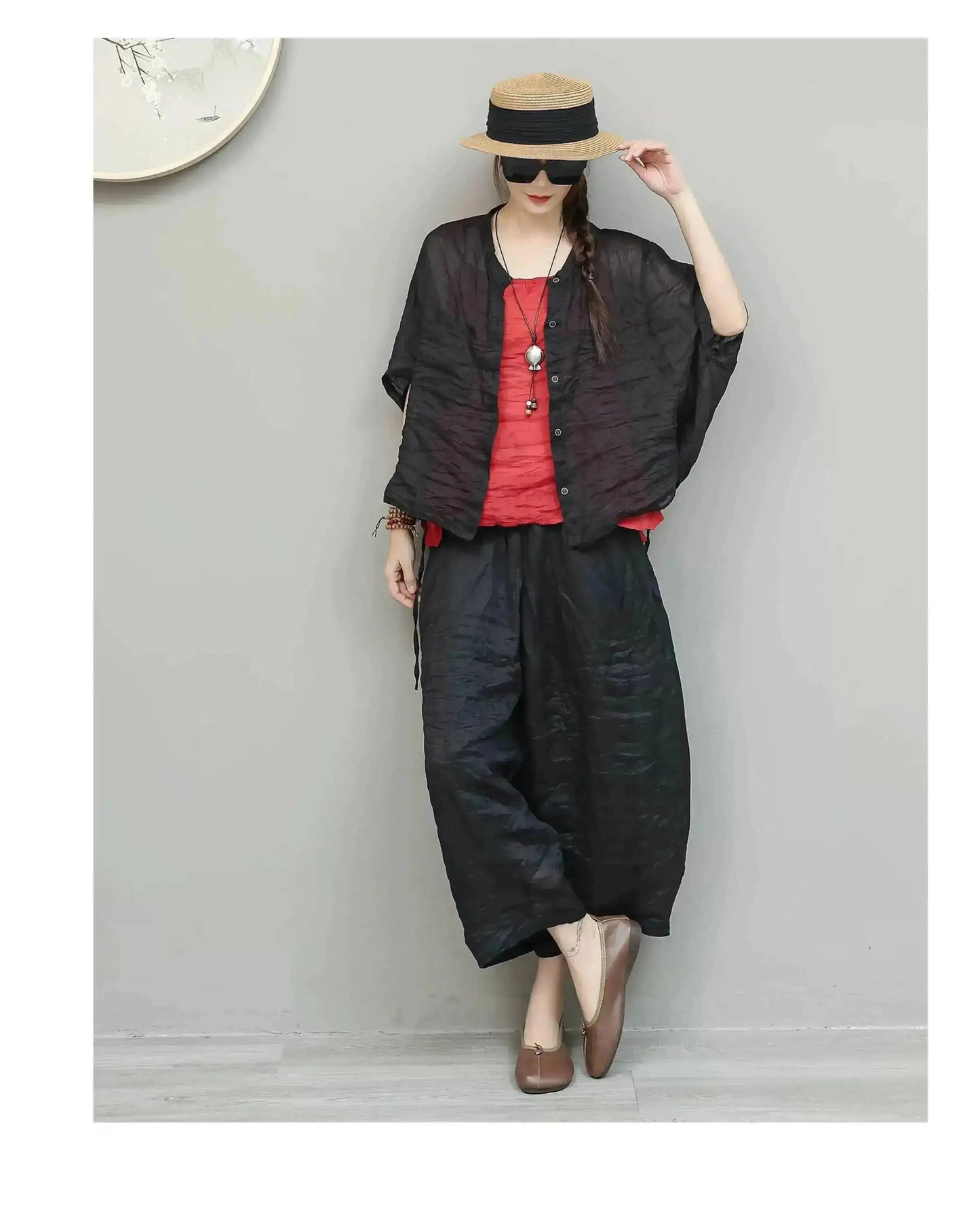 Lightweight Ramie Pant Women Summer Loose Wide-leg Cropped Pants Black LX5765