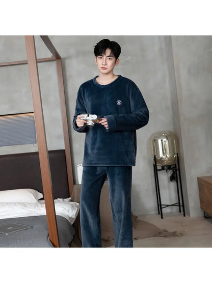Thickened Flannel Sleepwear for Men Winter Coral Fleece Home Clothes Set Spring Autumn Winter Style Casual Loose Fit Long Sleeve