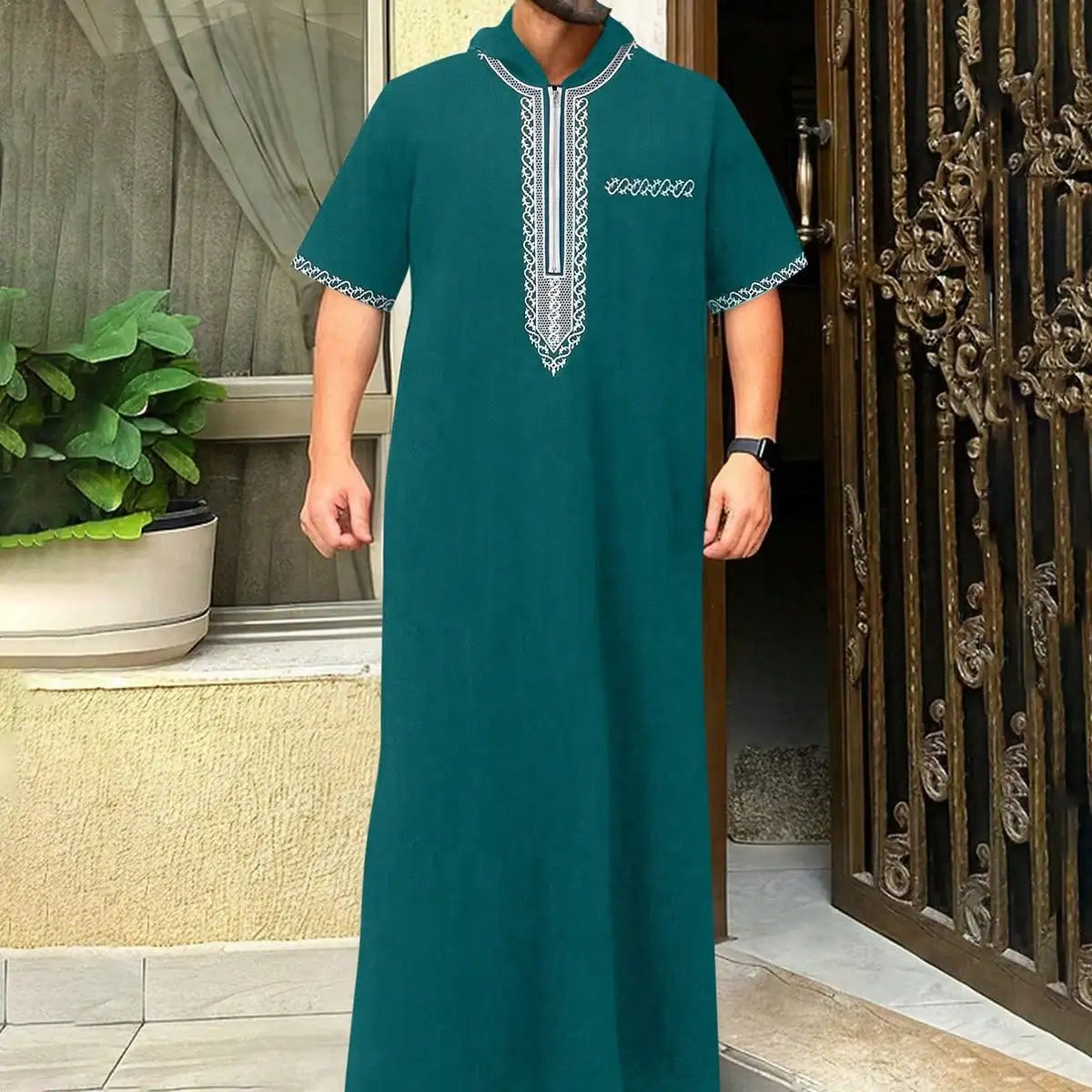 2025Moroccan Men's Thobe Short-Sleeved Embroidered Hood MuslimIslamicLooseJelleba Abaya - New Edition