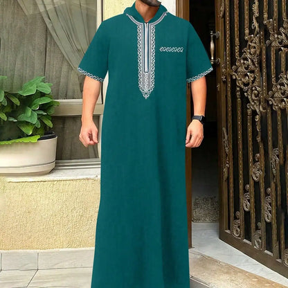 2025Moroccan Men's Thobe Short-Sleeved Embroidered Hood MuslimIslamicLooseJelleba Abaya - New Edition