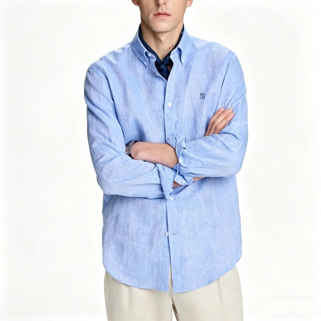 RHCH Men Pure  Shirt Luxury Embroidery Logo Button Down Collar Casual Breathable Solid Color Formal Business Shirts For Men