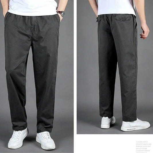 Plus Size Men's Casual Cotton Trousers Loose Straight Pants Multi Pocket Man Long Cargo Pants Mens Jogger Pants Summer Autumn