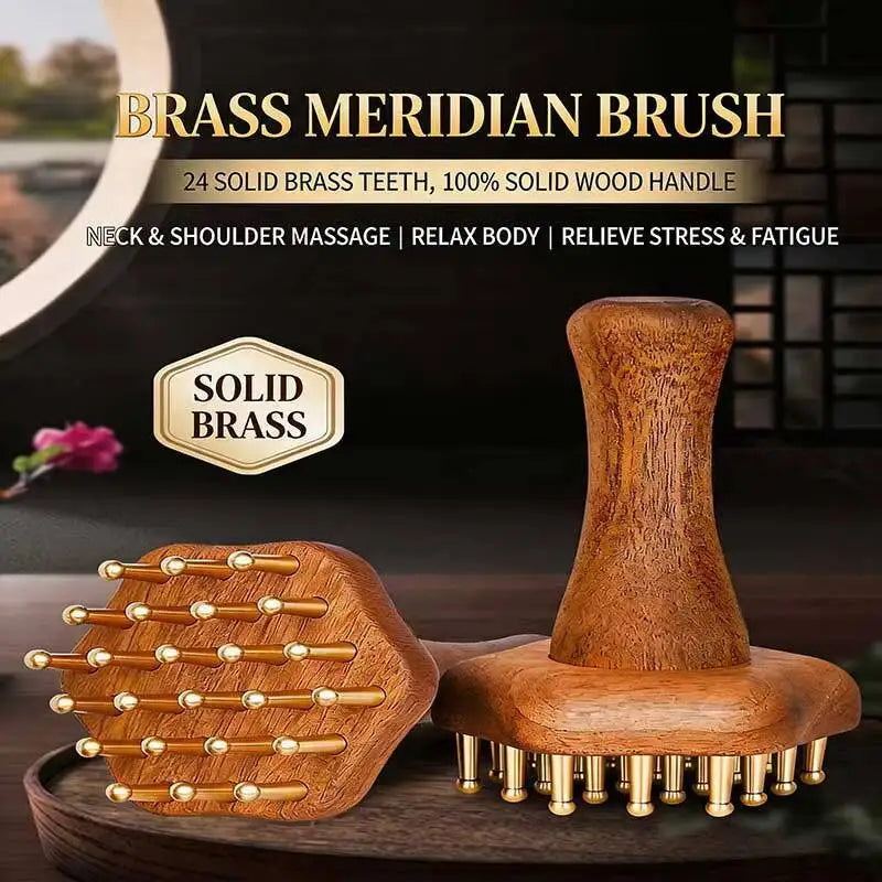 Portable 24 SOLID BRASS TEETH Meridian BRUSH GuaSha Massage Tool Precision Acupressure Massager Lymphatic Drainage stress Relief