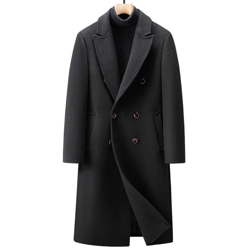 New Autumn Winter Men's Thickened Wool Overcoat, Double-breasted Knee-length Long Woolen Trench Coat